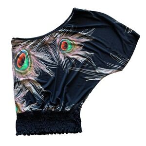 Wet Seal Vintage Y2K One Shoulder Peacock Print Smocked Waist Top Black M/L
